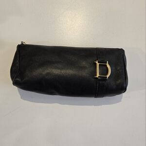 Vintage Christian Dior Black Leather Clutch with Gold Emblem